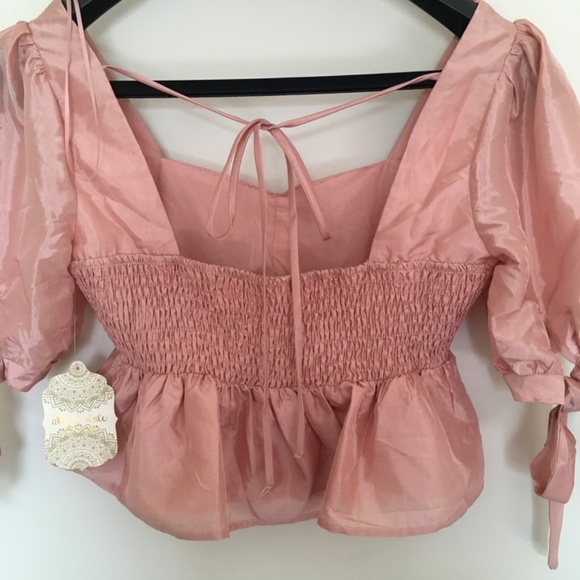 NWT Altar'd State Sz S Rose Pink Puff Sleeve Smock Back Crop Babydoll Top Boho - Picture 5 of 14